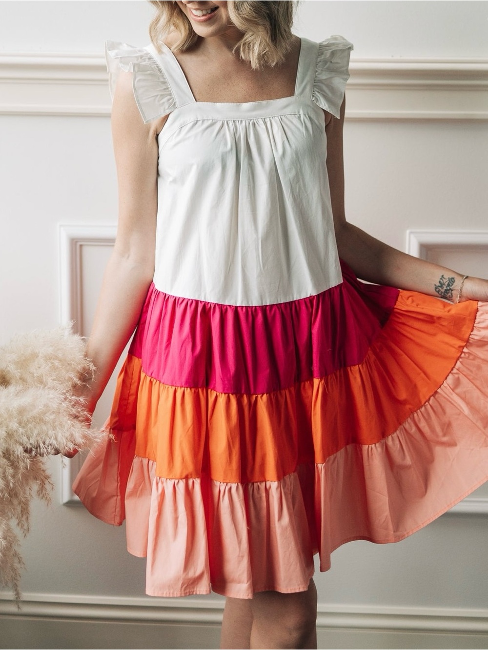 THML White Sleeveless Tiered Dress with Pink, Orange & Peach Colorblocks